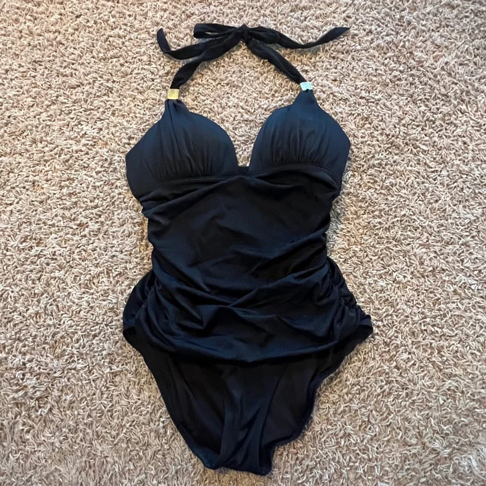 Victoria's Secret Black Ruched Halter One‎ Piece Swimsuit Gold Hardware Large